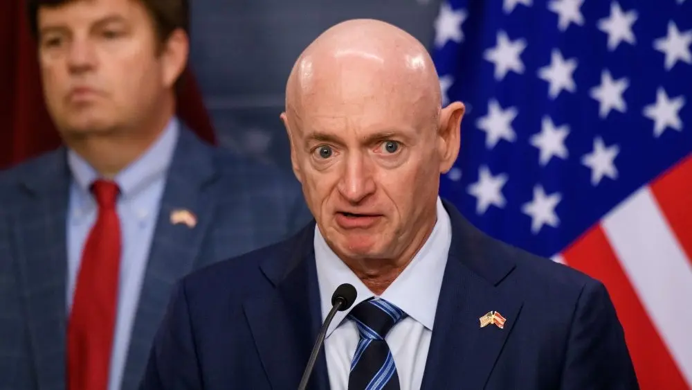 Mark Kelly, US Senator. Delegation of senators and congressmen, during press briefing after meeting with Evika Silina, Prime Minister of Latvia. RIGA, LATVIA. 30th August 2024