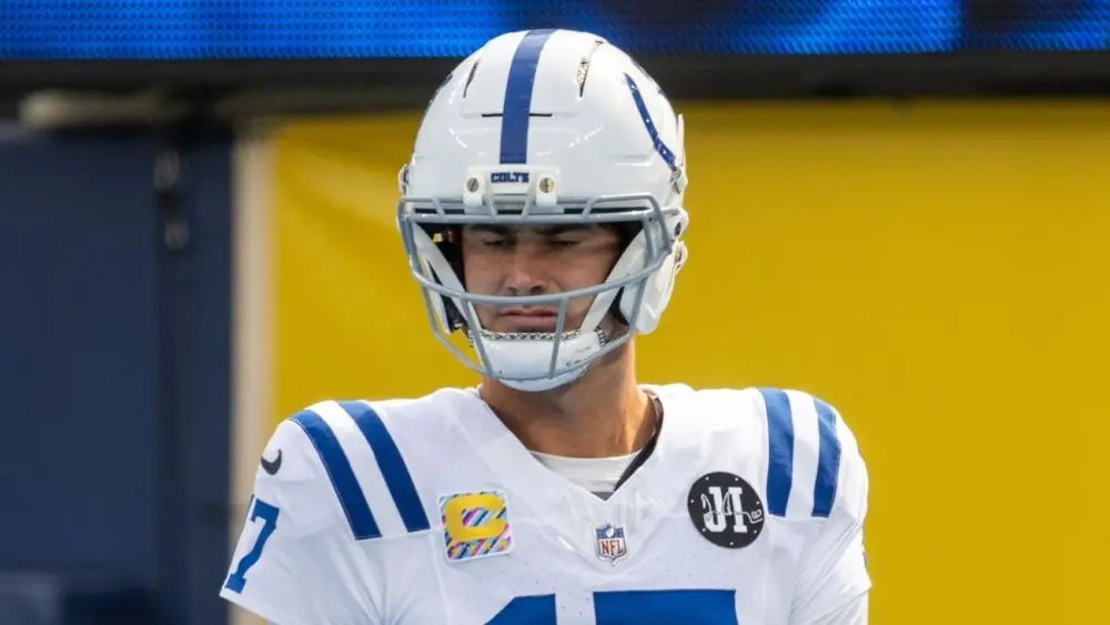 Indianapolis Colts quarterback Daniel Jones #17 warms up prior to an NFL football game against the Los Angeles Chargers at SoFi Stadium, Oct. 19, 2025, in Inglewood, Calif.