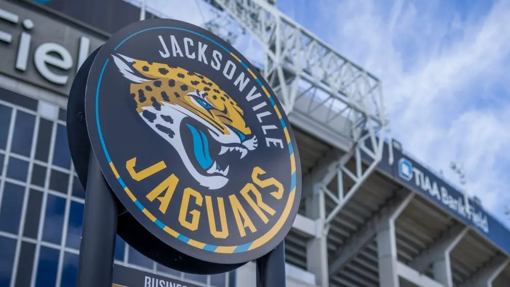 Jacksonville Jaguars NFL logo near football stadium Jacksonville, Florida - January 28, 2022