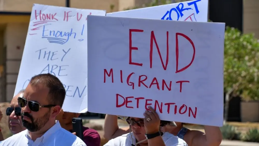 People demonstrating against children being held in the Clint, Texas Border Patrol facility. Conditions there have been described as squalid, inhumane and abusive. Clint, Texas / USA - 29 June 2019