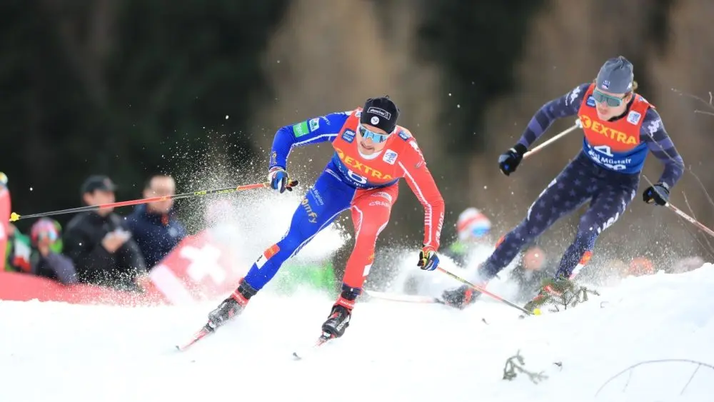 Cross Country Ski World Cup - Tour de ski. Val Mustair, Switzerland on December 31, 2022. Jay Renaud FRA and Ogden Ben USA in action.