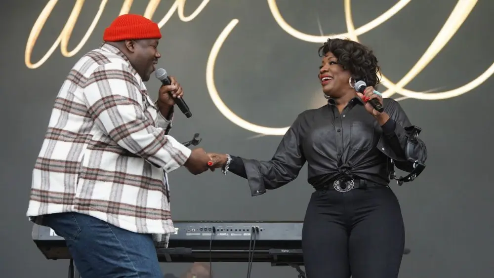 The War and Treaty, a husband and wife duo consisting of Michael Trotter Jr. and Tanya Trotter, performs on stage at the 2024 Soundside Music Festival. Bridgeport, Connecticut - September 29, 2024
