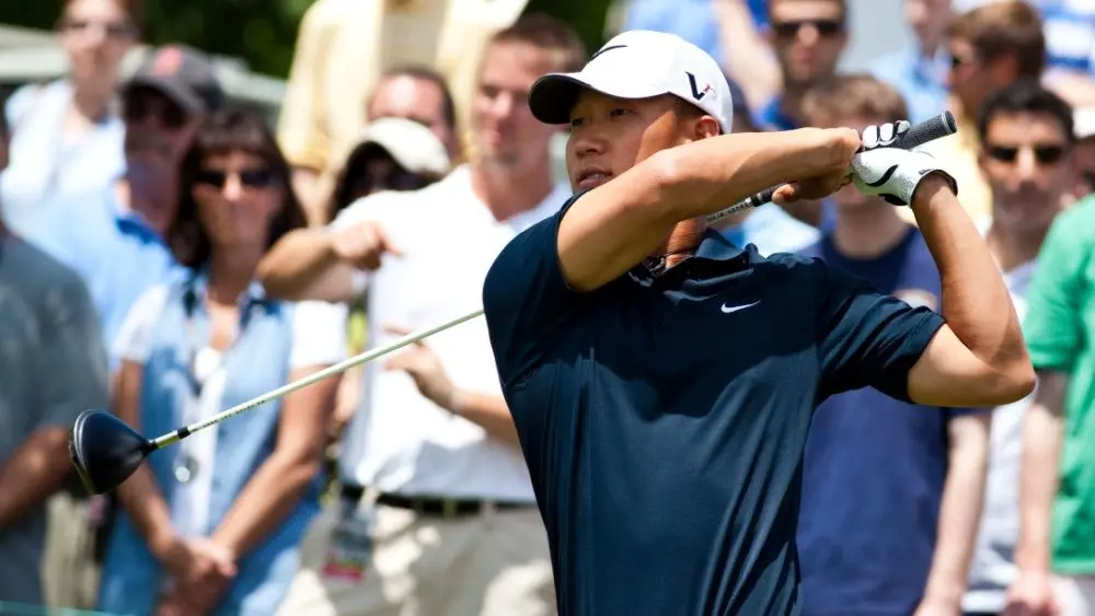 Golfer Anthony Kim tees off on the first tee while participating in the Travelers Championship on the TPC River Highland Golf Course June 27, 2009 in Cromwell, CT.