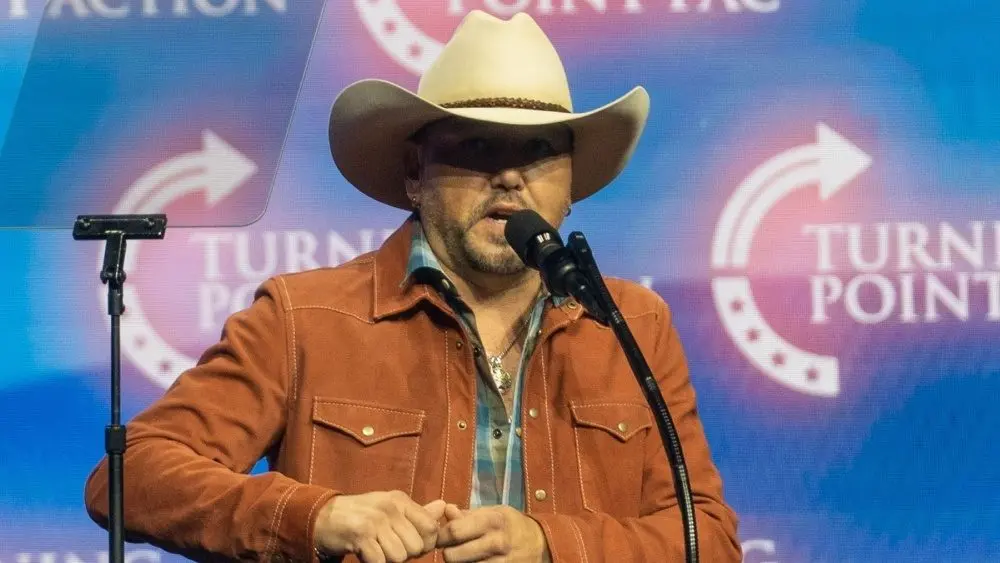 Jason Aldean speaks at a Donald Trump election rally at the Gas South Arena in Duluth, Georgia. Duluth, Georgia, October 23, 2024