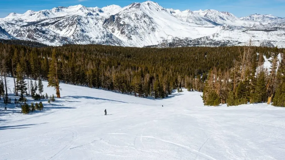 Unknown skiers have the hill to themselves at June Mountain Ski Resort, a small resort tucked away in the Eastern Sierra Nevada mountains in California.