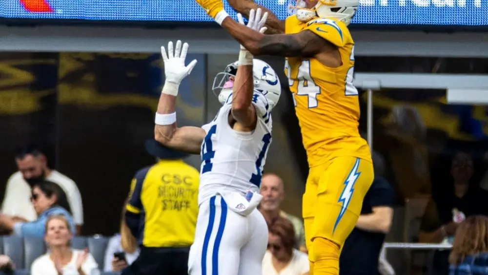 Indianapolis Colts Alec Pierce #14 during an NFL football game at SoFi Stadium, Oct. 19, 2025, in Inglewood, Calif.