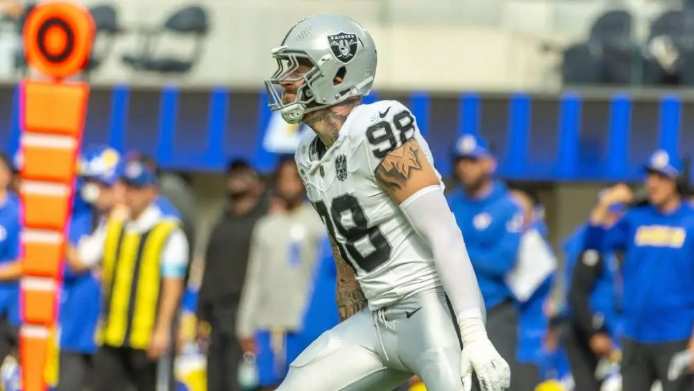 Las Vegas Raiders defense end Maxx Crosby #98 celebrates after an interception against the Los Angeles Rams in an NFL football game at SoFi Stadium, Oct. 20, 2024, in Inglewood, Calif.
