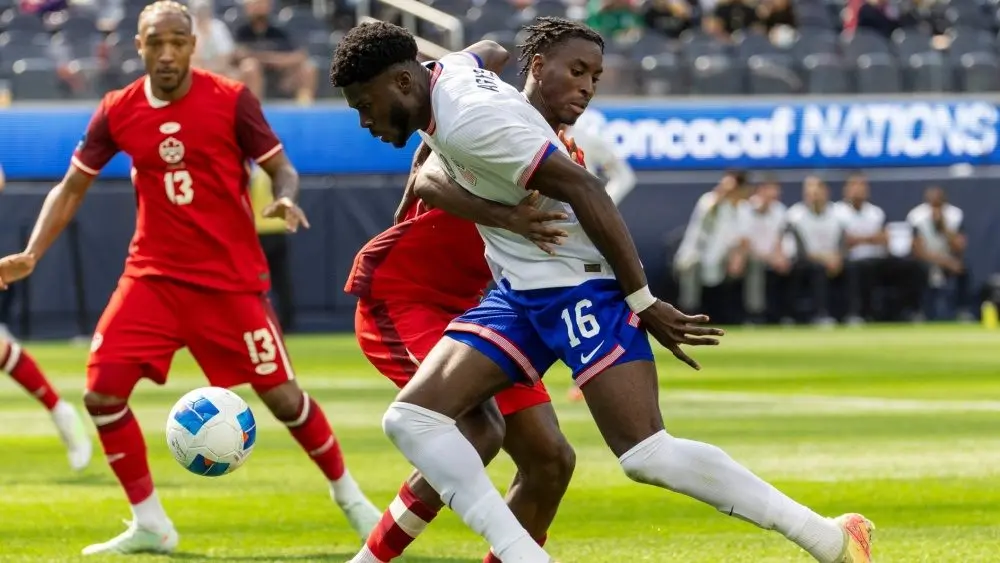 United States’ Patrick Agyemang #16 and Canada’s Moïse Bombito #15 vie for the ball during the CONCACAF Nations League Third Place Match at Sofi Stadium, March 23, 2025 in Inglewood, Calif.