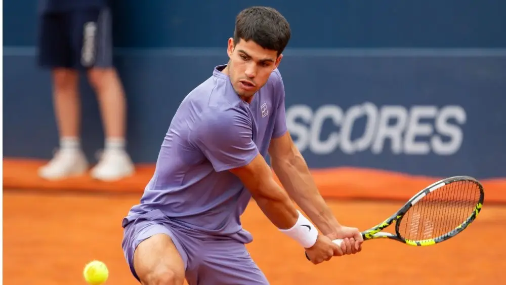 Pro tennis player Carlos Alcaraz on Tennis court at Conde de Godó tournament held in Barcelona. ATP 500. Barcelona, ​​Spain- April 12, 2025