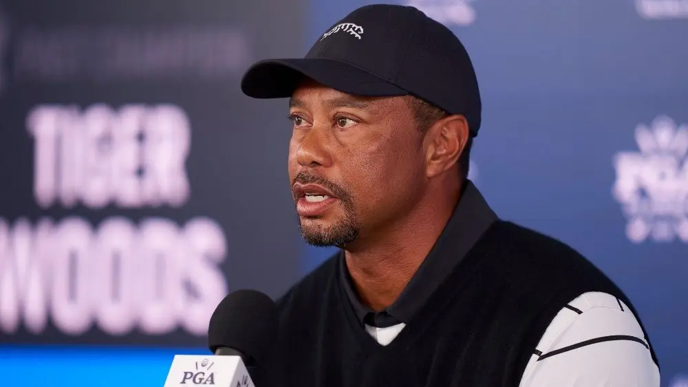Tiger Woods of United States during press conference prior to the 2024 PGA Championship at Valhalla Golf Club on May 14, 2024 in Louisville, Kentucky.