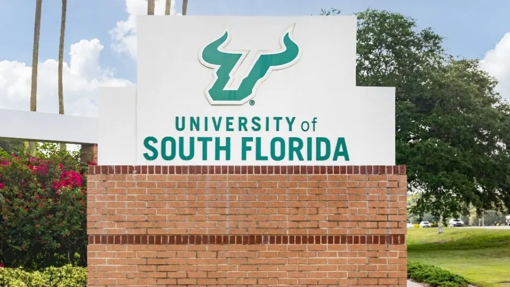 The University of South Florida is a public research university with their main campus in Tampa, FL. Their mascot is the Bulls. Tampa, FL, USA - May 29, 2024