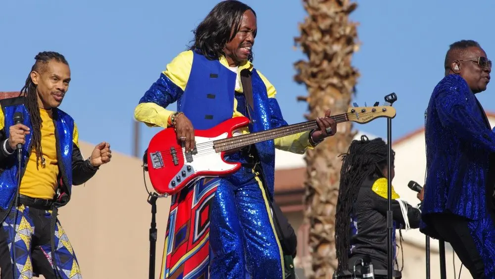Earth, Wind, and Fire shown performing atop the Forum Club float at the 129th Rose Parade. Pasadena, California, USA - January 1, 2018