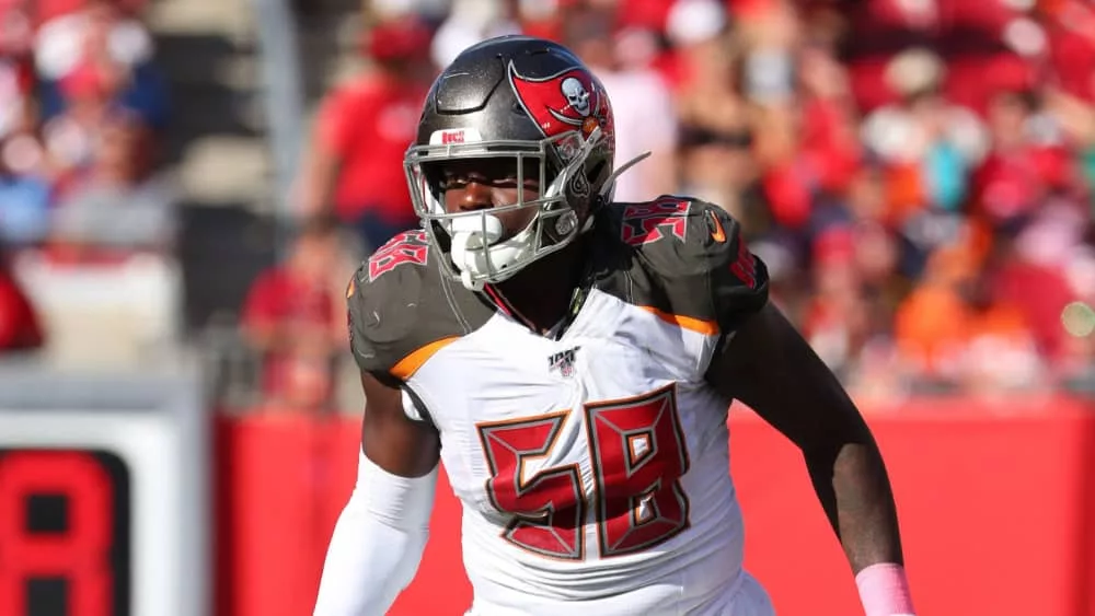 Tampa Bay Buccaneers linebacker Shaquil Barrett (58) during an NFL game against the Arizona Cardinals at Raymond James Stadium. Nov 10^ 2019; Tampa^ FL USA