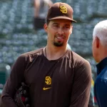 San Diego Padres pitcher Blake Snell on the field at the Oakland Coliseum. Oakland^ California - September 17^ 2023