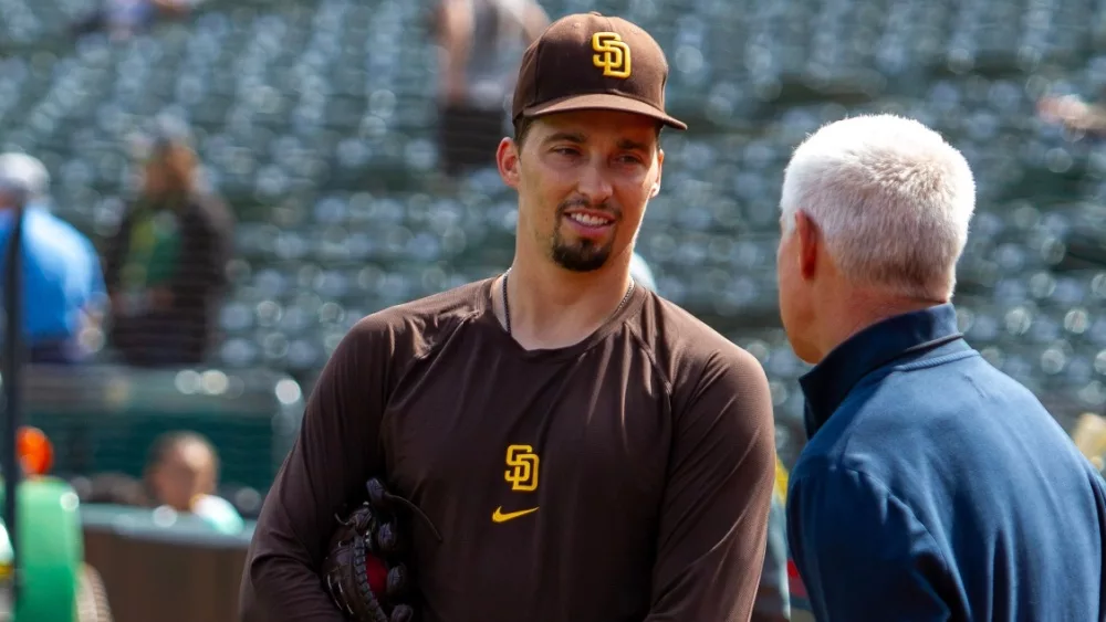 San Diego Padres pitcher Blake Snell on the field at the Oakland Coliseum. Oakland^ California - September 17^ 2023