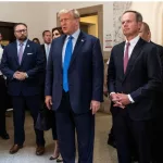 Former President Donald Trump speaks to press before the start of civil fraud trial brought by NYS Attorney General Letitia James at NYS court in New York on October 2^ 2023