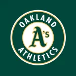 Oakland Athletic logo^ MLB Team^ Major League Baseball^ American League West division^ with dark green background