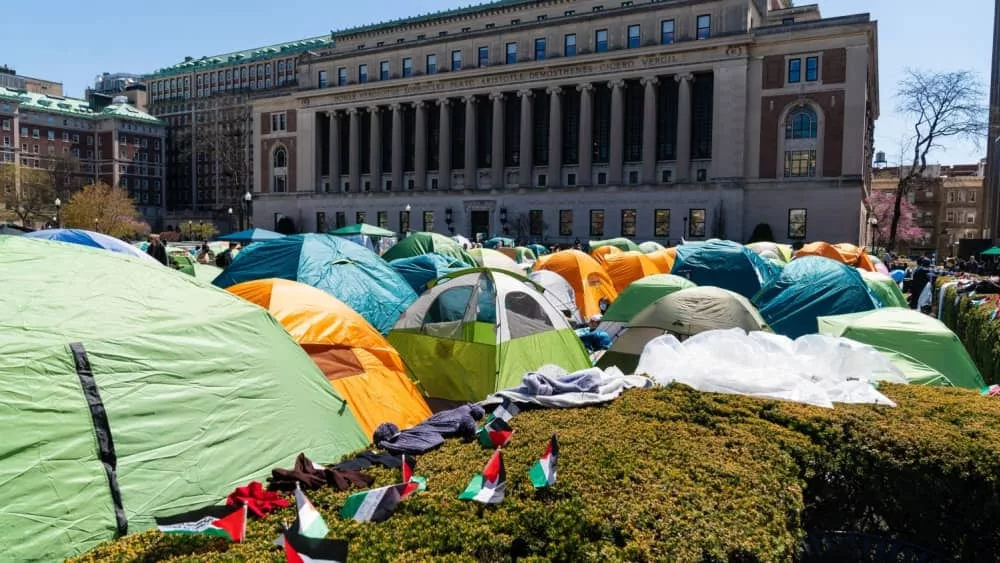 Pro-Palestinian supporters set up a protest encampment on the campus of Columbia University in New York as seen on April 22^ 2024