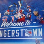 Madison Square Garden indoor arena entrance Rangers sign that sits above Penn Station. It is home to the NY Knicks (NBA)^ NY Rangers (NHL)