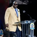 Former Dallas Cowboys offensive lineman Larry Allen gives his speech during the NFL Class of 2013 Enshrinement Ceremony at Fawcett Stadium on August 3^ 2013 in Canton^ Ohio.