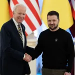 President Joe Biden and Ukraine's President Volodymyr Zelenskiy attend a joint news briefing^ amid Russia's attack on Ukraine. Kyiv^ Ukraine February 20^ 2023.