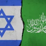 Hamas and Israeli flags on a divided wall: Symbolizing the Israel-Hamas Conflict