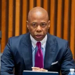 Mayor Eric Adams speaks during a briefing with police brass on crime statistics for March^ First Quarter at One Police Plaza on April 3^ 2024 in New York City.