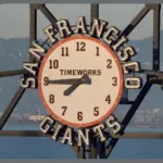 San Francisco Giants Scoreboard Clock by TimeWorks displaying the time of about 7:45pm during a game at ATT Park in San Francisco^ California. San Francisco - May 11^ 2010