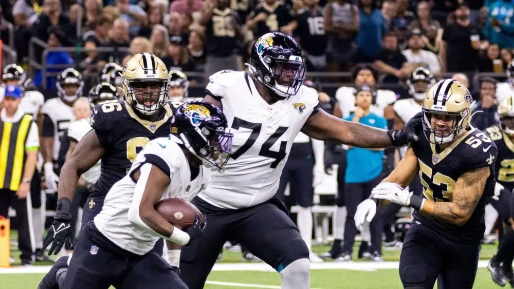 #74 CAM ROBINSON JACKSONVILLE JAGUARS VS NEW ORLEANS SAINTS WEEK 7 OCTOBER 19^ 2023 CAESARS SUPERDOME NEW ORLEANS LOUISIANA