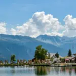 Big letters near lake spelling out Crans Montana in Switzerland during August 2020 Crans-Montana^ Switzerland - August 10^ 2020