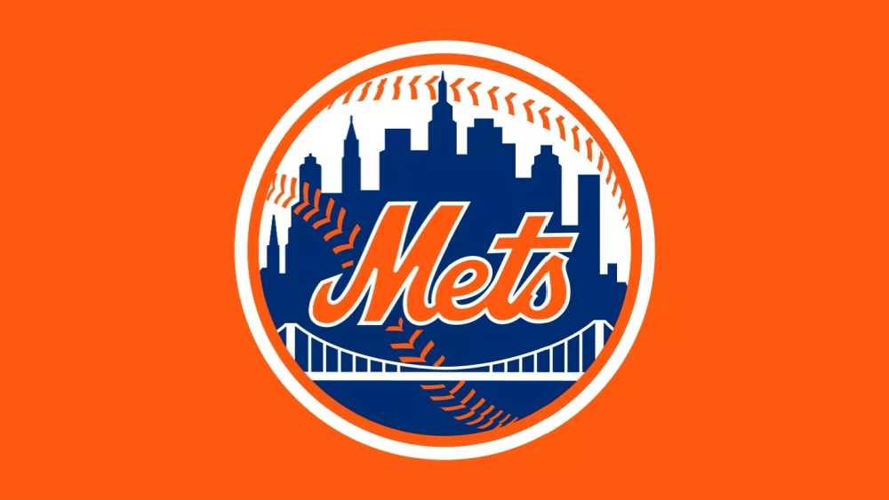 New York Mets logo^ Major League Baseball National League East Division^ with orange background