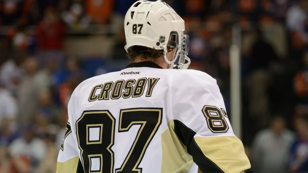 NHL Hockey: Sidney Crosby^ of the Pittsburgh Penguins during warm-ups. Penguins vs. New York Islanders at Nassau Veterans Memorial Coliseum. UNIONDALE^ NEW YORK^ UNITED STATES – May 5^ 2013