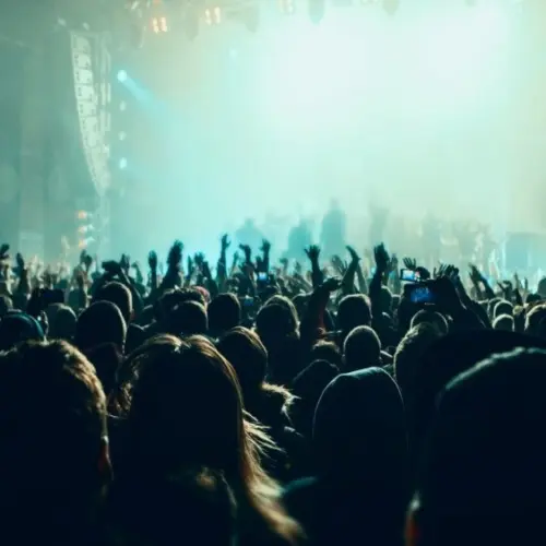 Musical concert. Music festival. People in the concert hall at the disco . Singer in front of the audience. Fans at the concert. Blurred image / blurred photo.