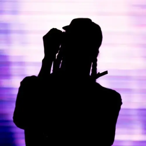Silhouette of an artist singing live on the stage in the front of a colorful background