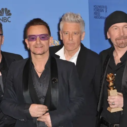 U2 with Bono & The Edge in the press room at the 71st Annual Golden Globe Awards LOS ANGELES^ CA - JANUARY 12^ 2014