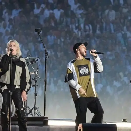 Linkin Park with lead singer Emily Marcia Armstrong perform on stage during the 2025 UEFA Champions League Final Opening ceremony at Munich arena in Munich Munich^ Germany - May 31^ 2025