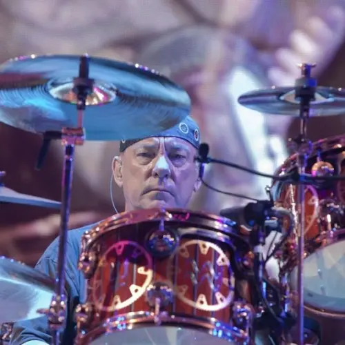 Neil Peart of the rock band Rush hits the stage for part of their Time Machine Tour at the Gibson Amphitheater in Universal City^ CA on June 22^ 2011