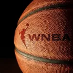 Closeup of a basketball with the WNBA logo and text