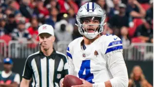 Dallas Cowboys quarterback Dak Prescott (4) looks to throw the ball against the Atlanta Falcons on November 3^ 2024 at Mercedes-Benz Stadium.