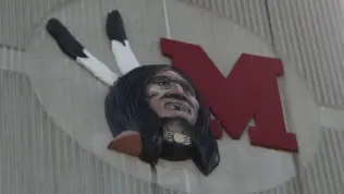 Miami University Yager Stadium college football^ the old Redskins team logo on the outside of the stadium replaced by the Redhawks May 30^ 2016 Oxford^ OH