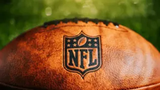 NFL logo on leather ball. Official ball of national football league. Panorama Format NEW YORK^ USA^ FEBRUARY 11^ 2023