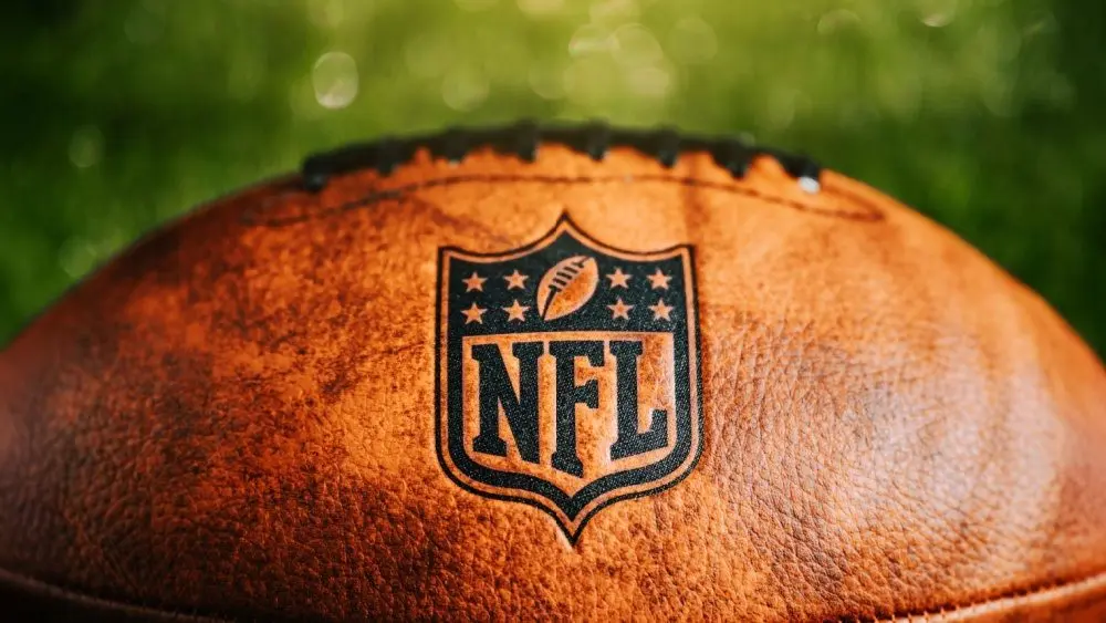 NFL logo on leather ball. Official ball of national football league. Panorama Format NEW YORK^ USA^ FEBRUARY 11^ 2023