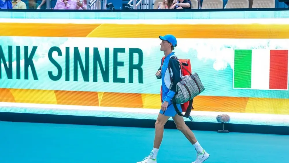 Jannik Sinner of Italy enters the Hard Rock Stadium before men's singles final match against Grigor Dimitrov of Bulgaria at 2024 Miami Open in Miami Gardens MIAMI GARDENS^ FLORIDA - MARCH 31^ 2024