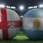 Two soccer balls in flags colors on a stadium blurred background. England vs Argentina. 3D image.