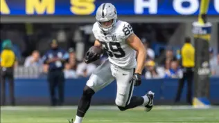 Las Vegas Raiders tie end Brock Bowers #89 runs the ball against the Los Angeles Rams in an NFL football game at SoFi Stadium^ Oct. 20^ 2024^ in Inglewood^ Calif.