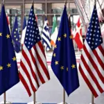 European and US flags in European Council in Brussels^ Belgium on May 25^ 2017.
