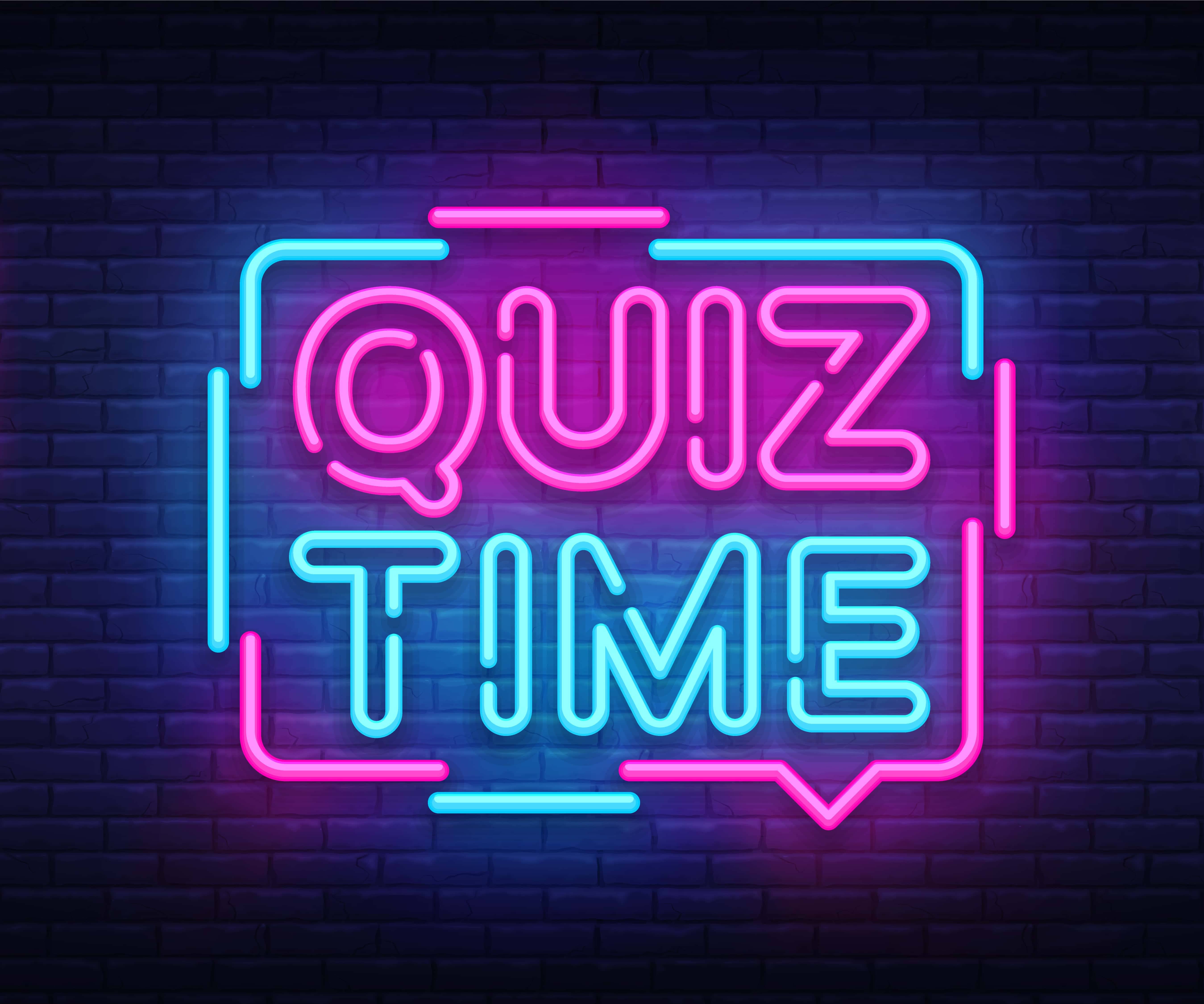 Anúncio Quiz Time poster neon signboard vector. Pub Quiz vintage