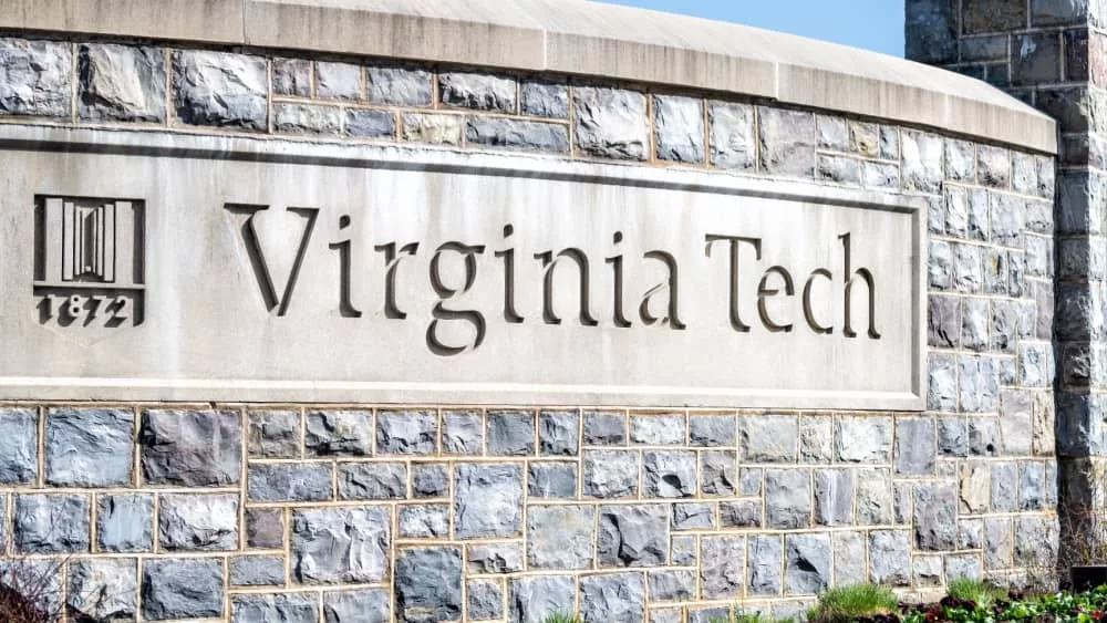 Virginia Polytechnic Tech Institute and State University stone sign on campus^ established in 1872 Blacksburg^ USA