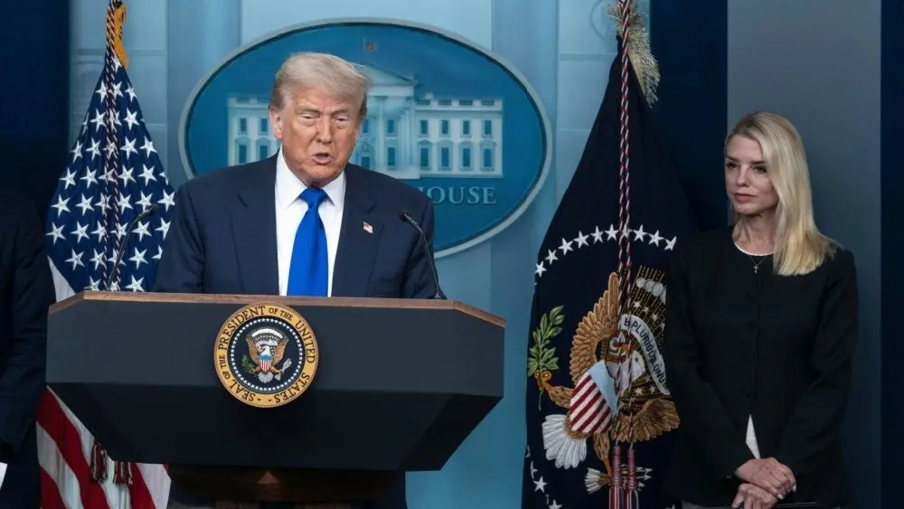 President Donald J Trump at the White House press briefing room with Attorney General Pam Bondi. Washington DC Jun 27th 2025