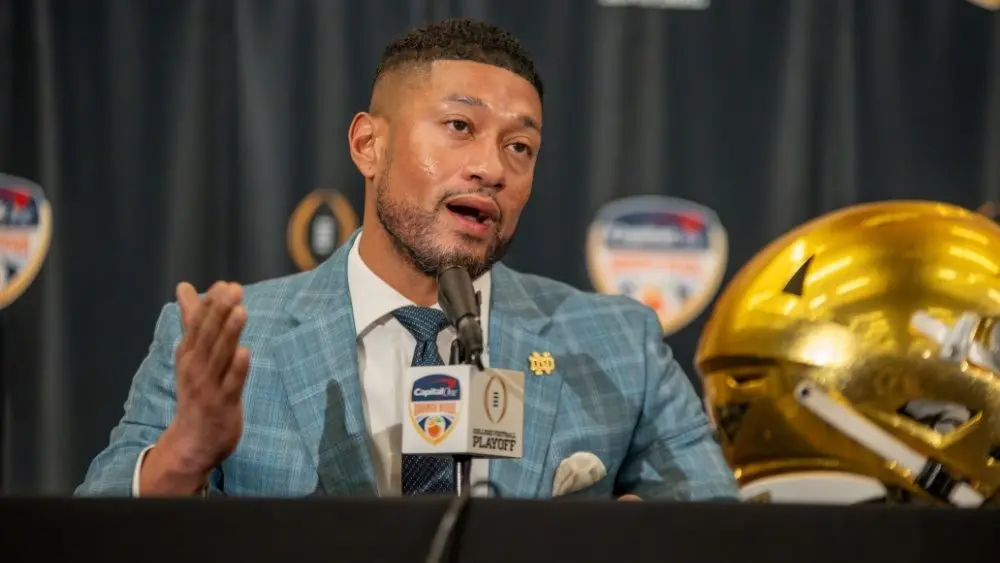Marcus Freeman (Notre Dame)^ responds to questions during the Head Coach Presser (Capital One Orange Bowl) at the Le Meridien Hotel. Dania Beach^ FL USA - January 08^ 2025